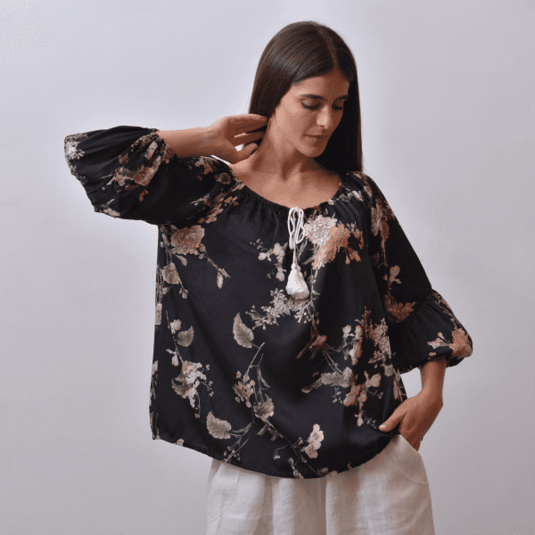 Blusas amarre frente manga Bombillo estampado oscuro