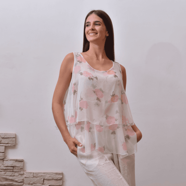 Blusa Chifón flores rosadas doble vuelo 